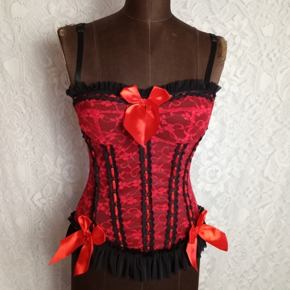 Just Sexy Intimates Other - Just Sexy Intimates Red Black Lace Ribbon Bow Boned Bustier Corset Lingerie S